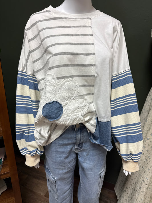 Long sleeve striped blue patchwork top