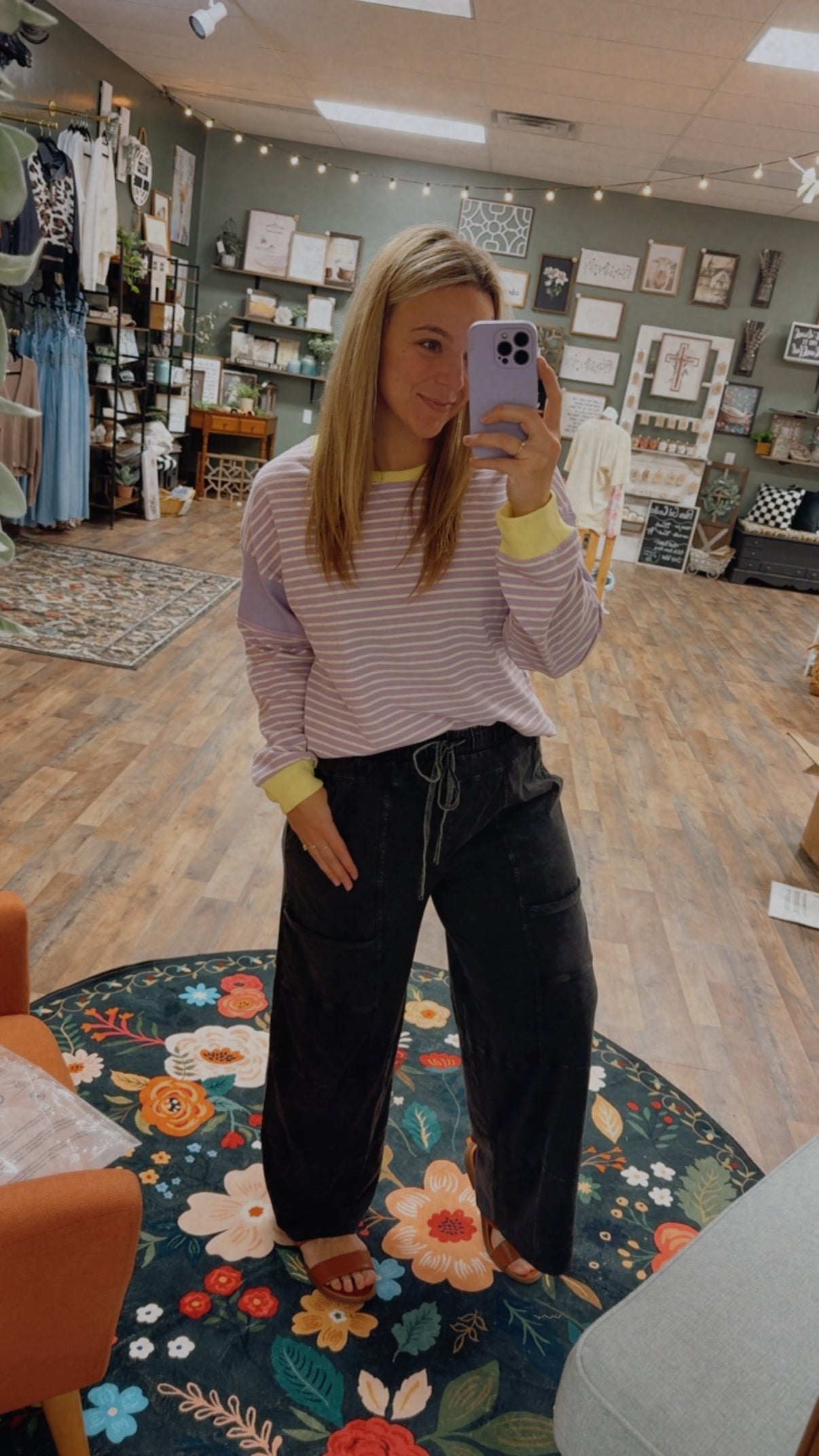 Purple and yellow striped pullover