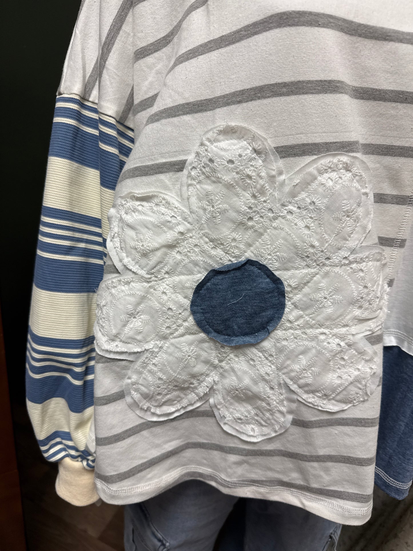 Long sleeve striped blue patchwork top