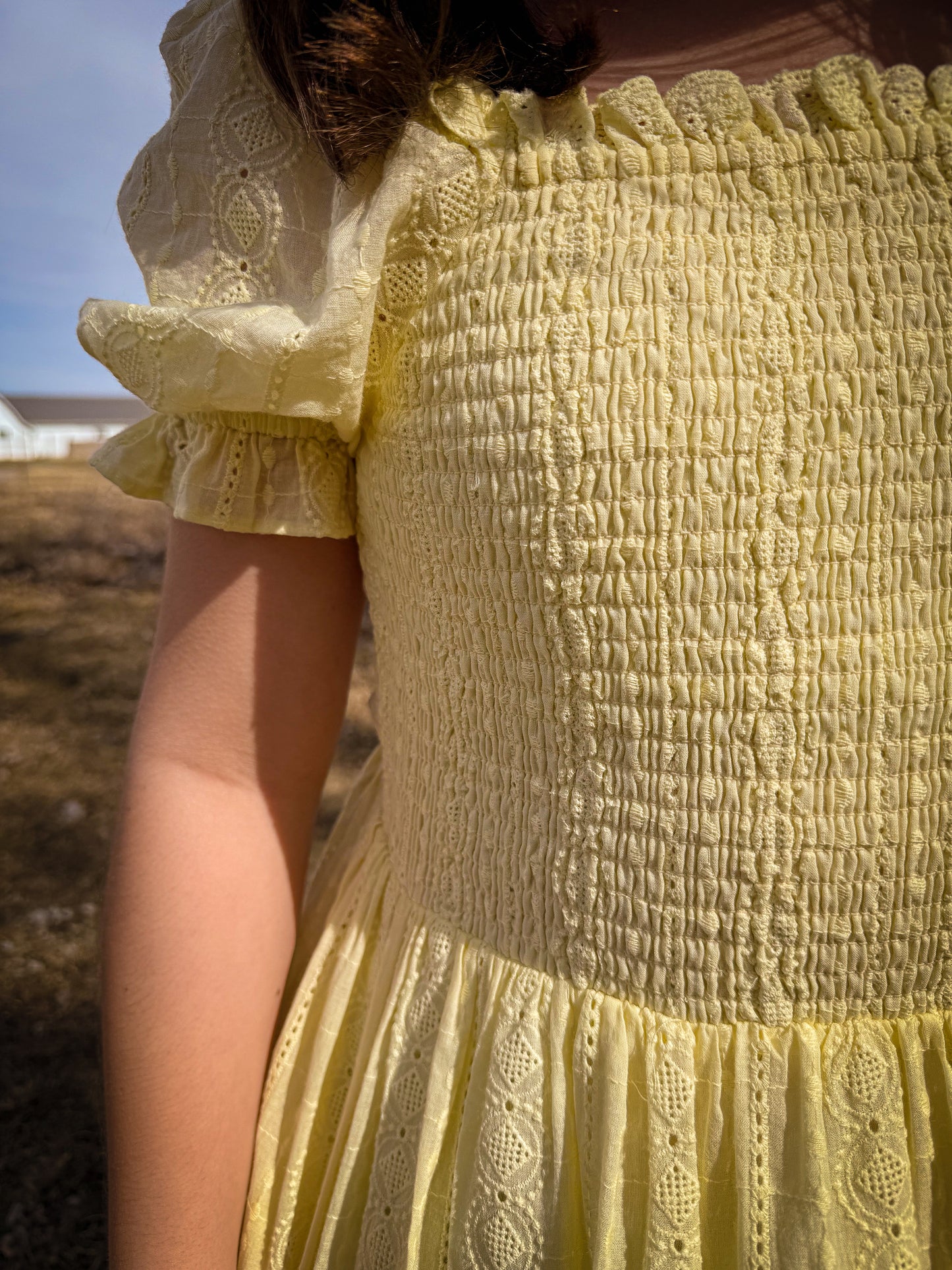 SMOCKED EYELET LACE MAXI DRESS