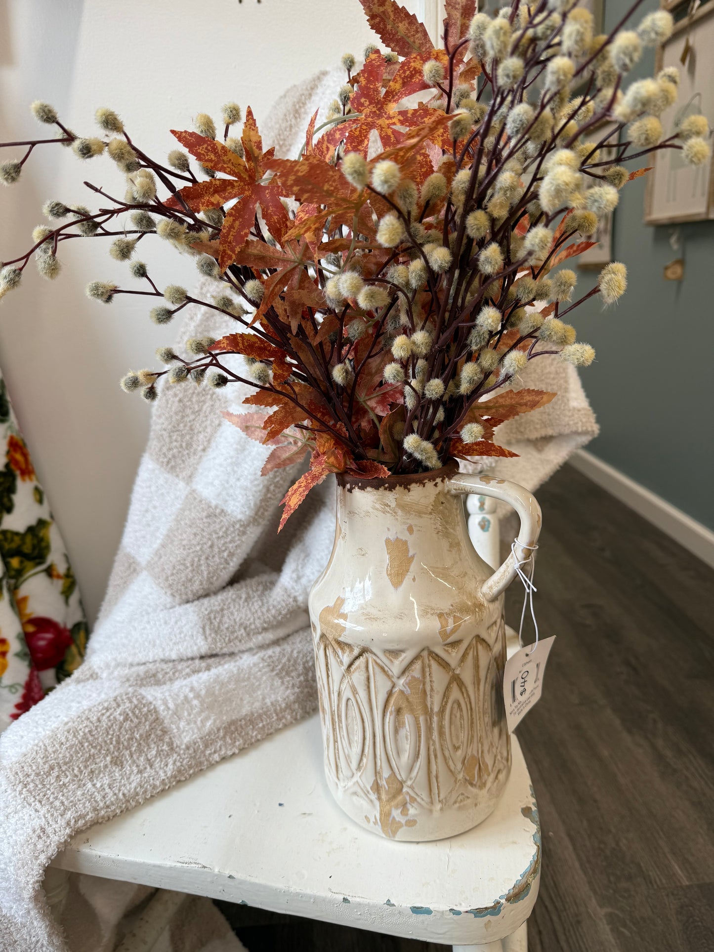 Fall Floral Arrangement in ceramic pitcher