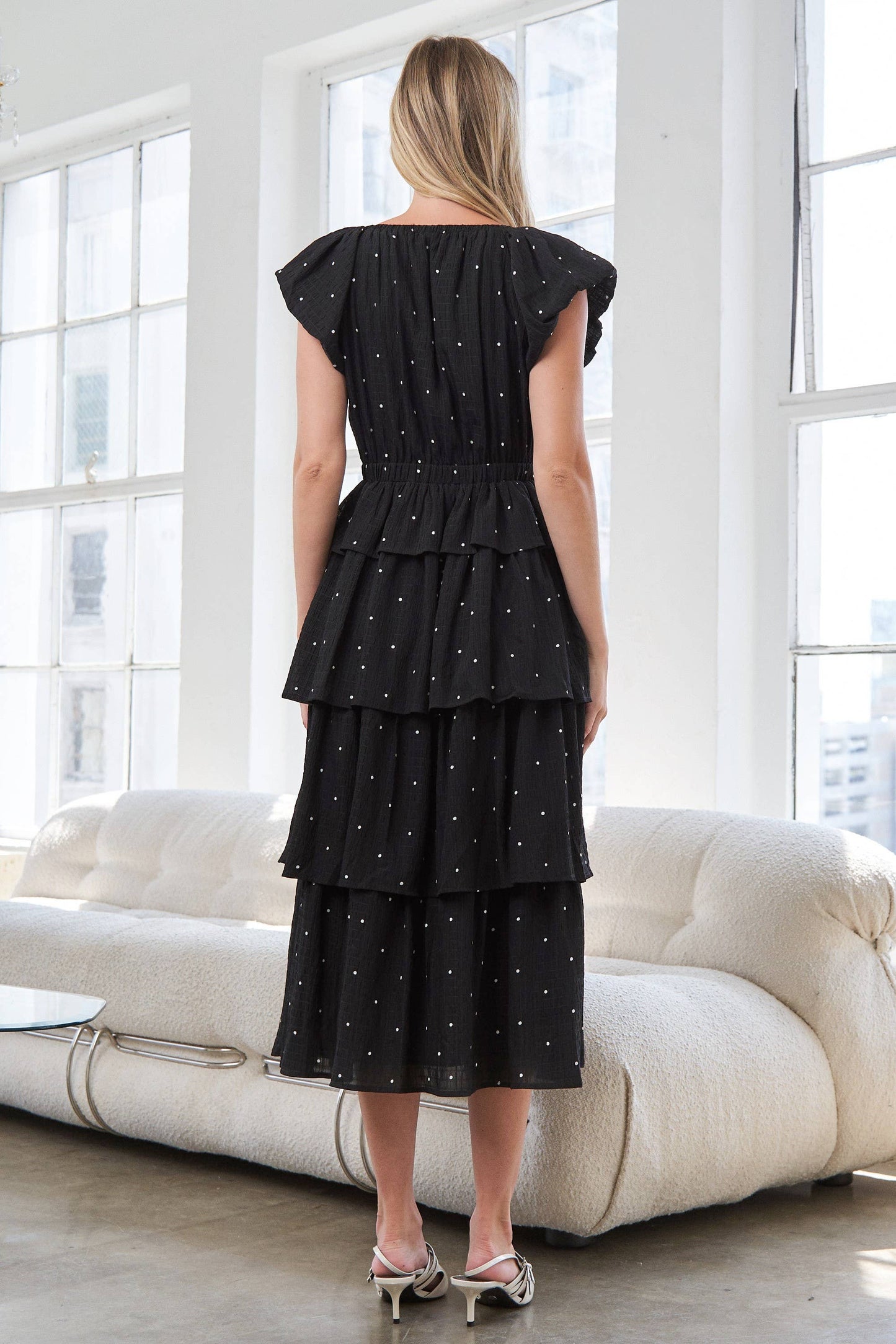 Black V-Neck Polka Dot Tiered Midi Dress