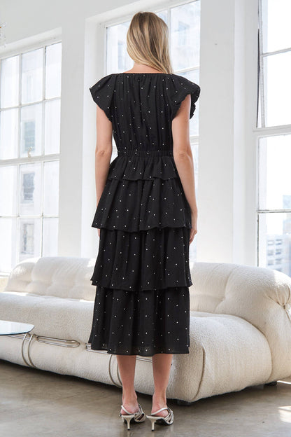 Black V-Neck Polka Dot Tiered Midi Dress
