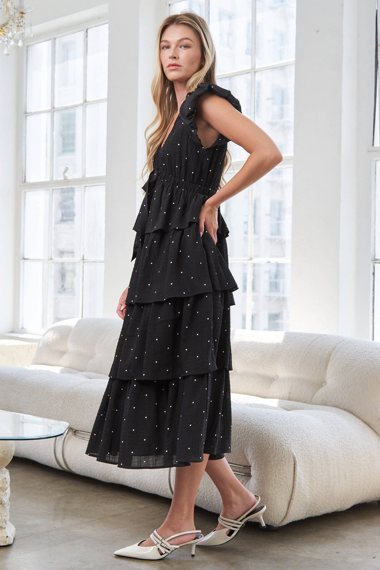 Black V-Neck Polka Dot Tiered Midi Dress