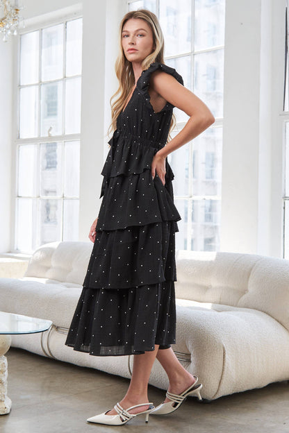 Black V-Neck Polka Dot Tiered Midi Dress