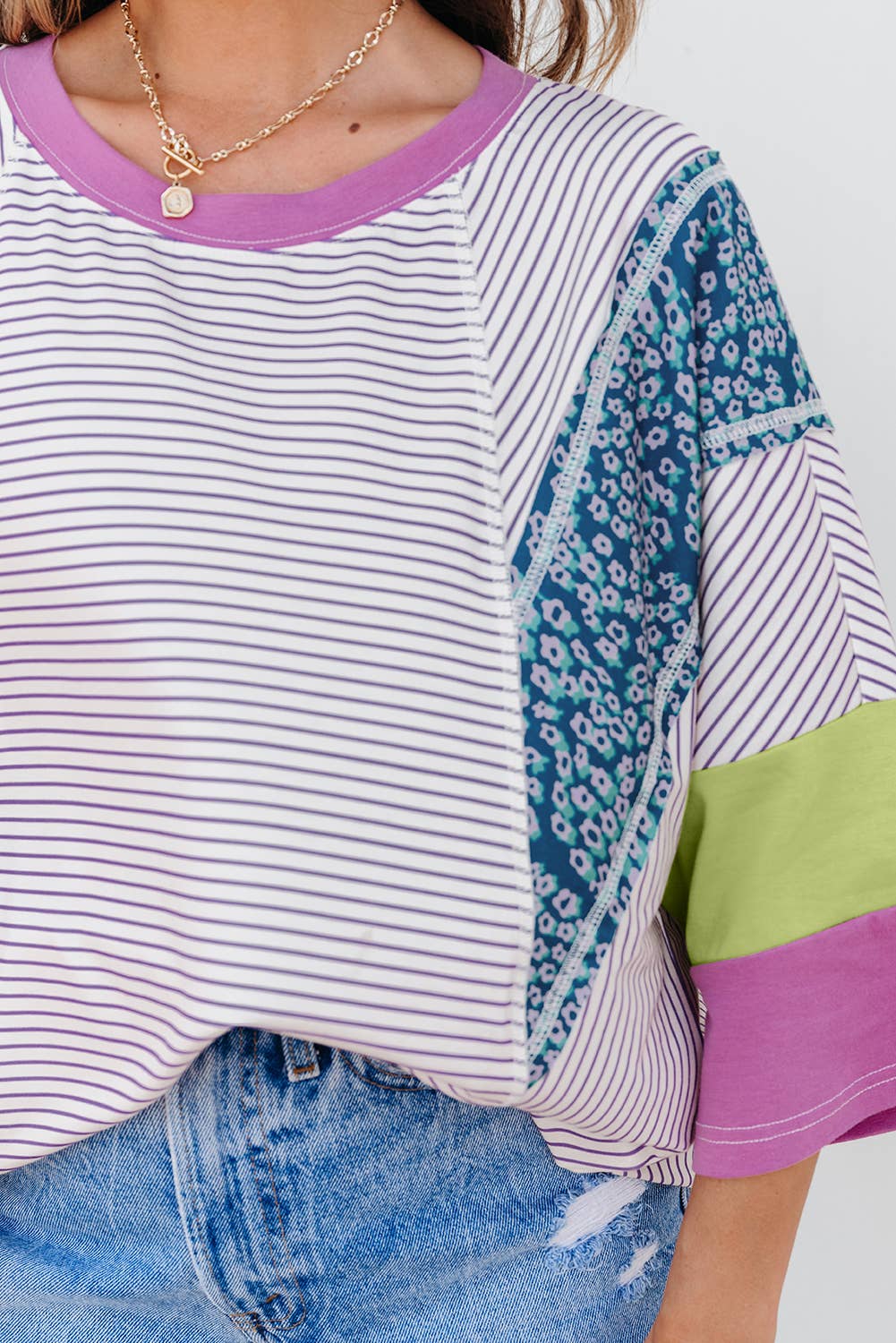 Stripe Floral Raw Edge Patchwork Bracelet Sleeve Tee