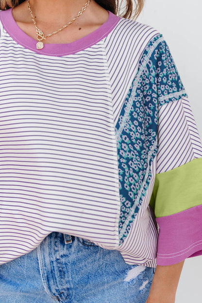 Stripe Floral Raw Edge Patchwork Bracelet Sleeve Tee