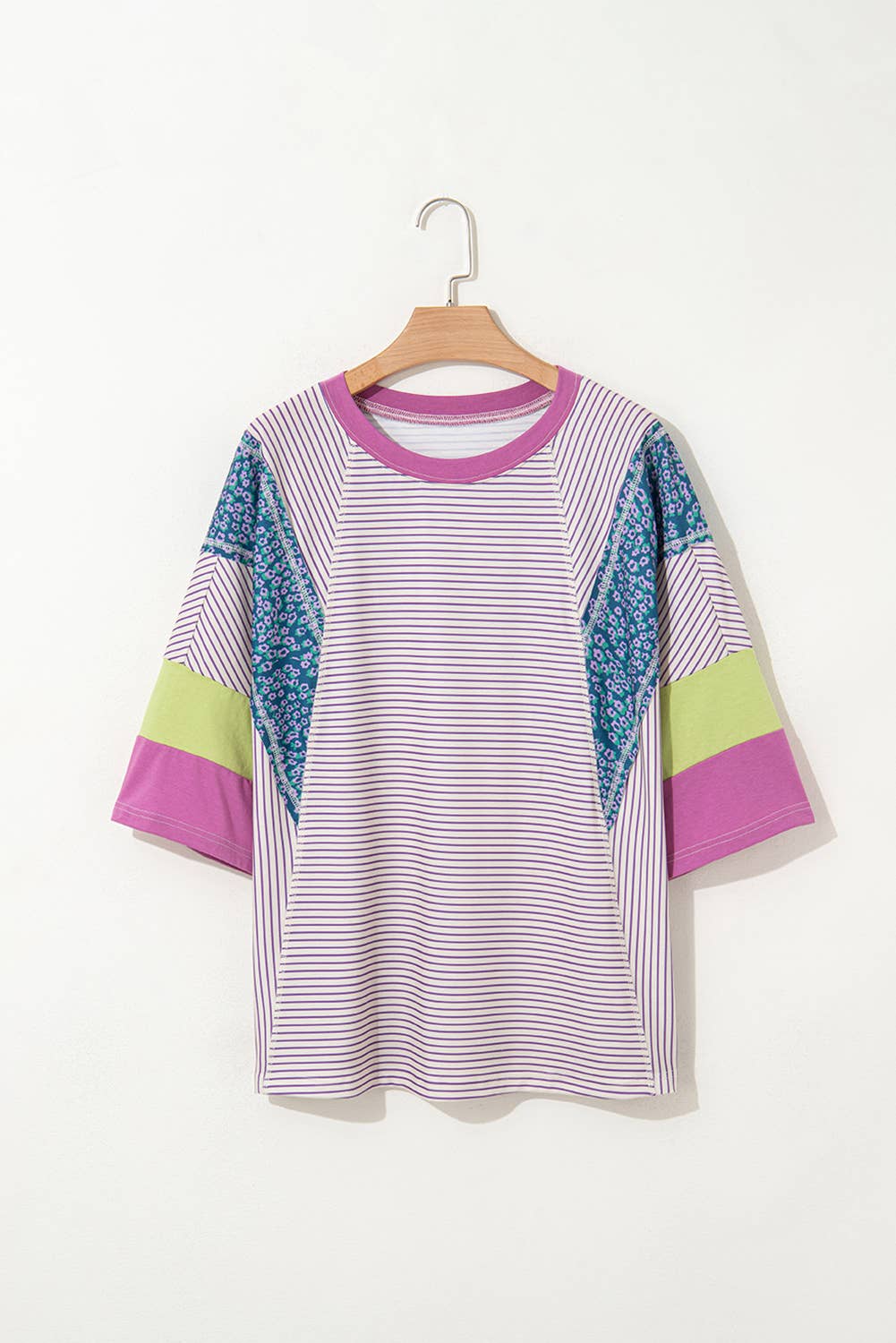 Stripe Floral Raw Edge Patchwork Bracelet Sleeve Tee