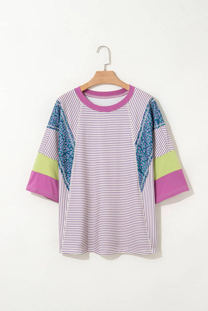 Stripe Floral Raw Edge Patchwork Bracelet Sleeve Tee