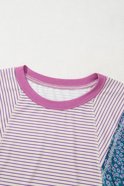 Stripe Floral Raw Edge Patchwork Bracelet Sleeve Tee