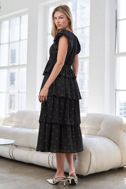 Black V-Neck Polka Dot Tiered Midi Dress