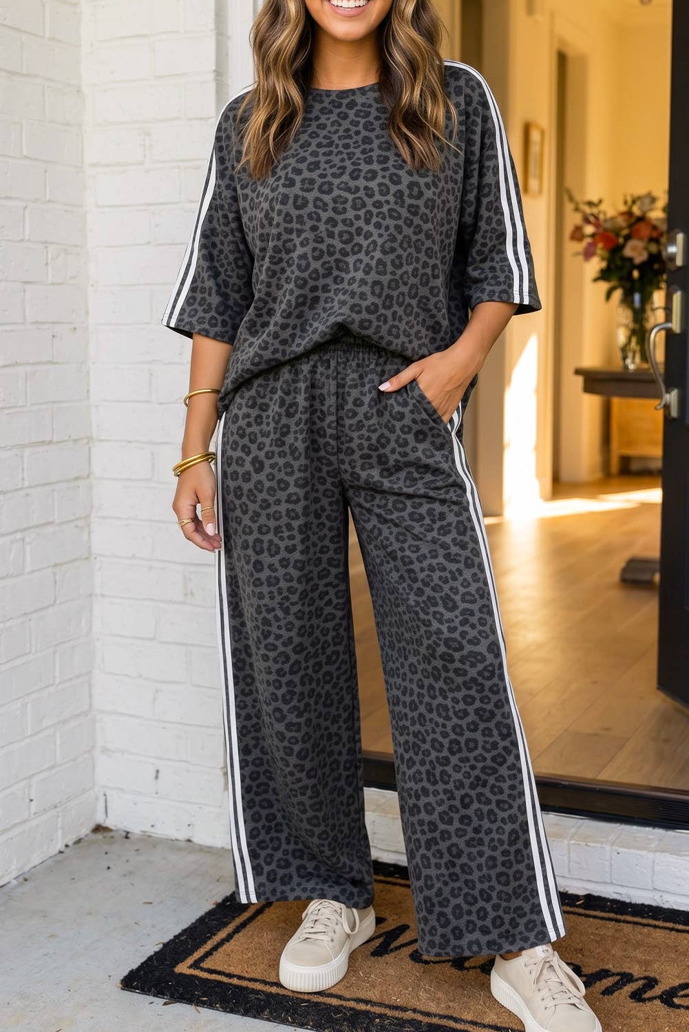 Leopard Side Striped Pants Set