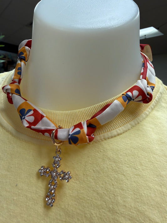Cross pendant flower scarf necklace