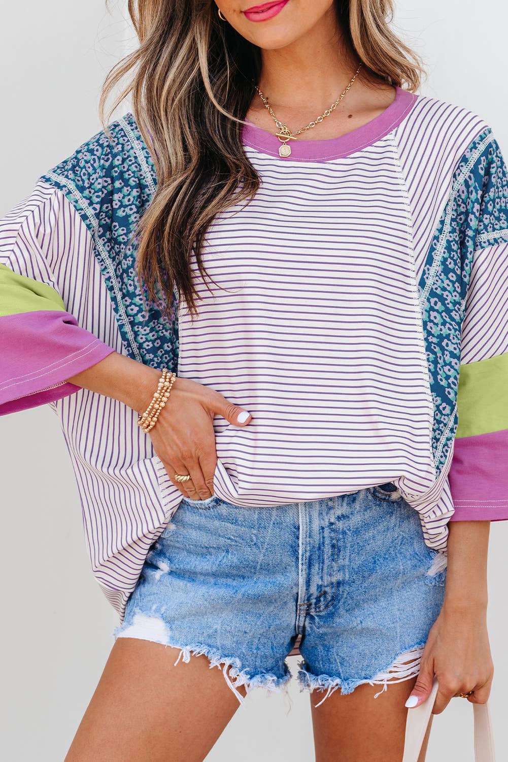 Stripe Floral Raw Edge Patchwork Bracelet Sleeve Tee