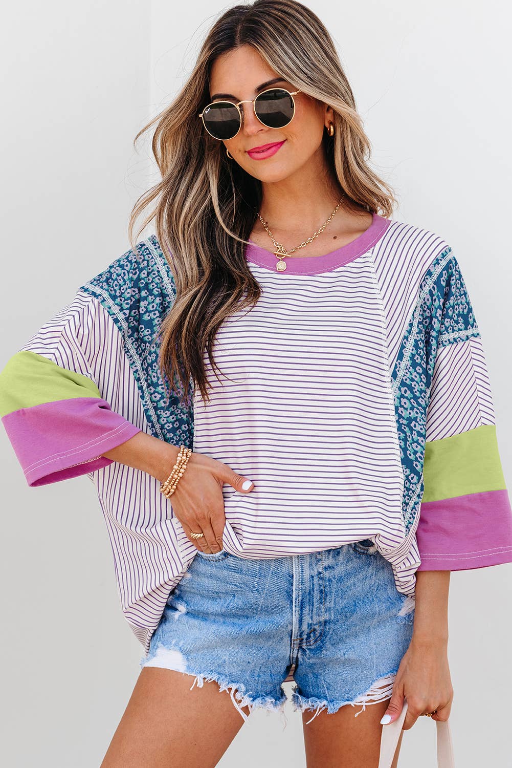 Stripe Floral Raw Edge Patchwork Bracelet Sleeve Tee
