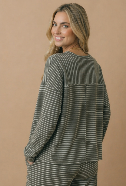 Round Neck Striped Oversized French Terry Top
