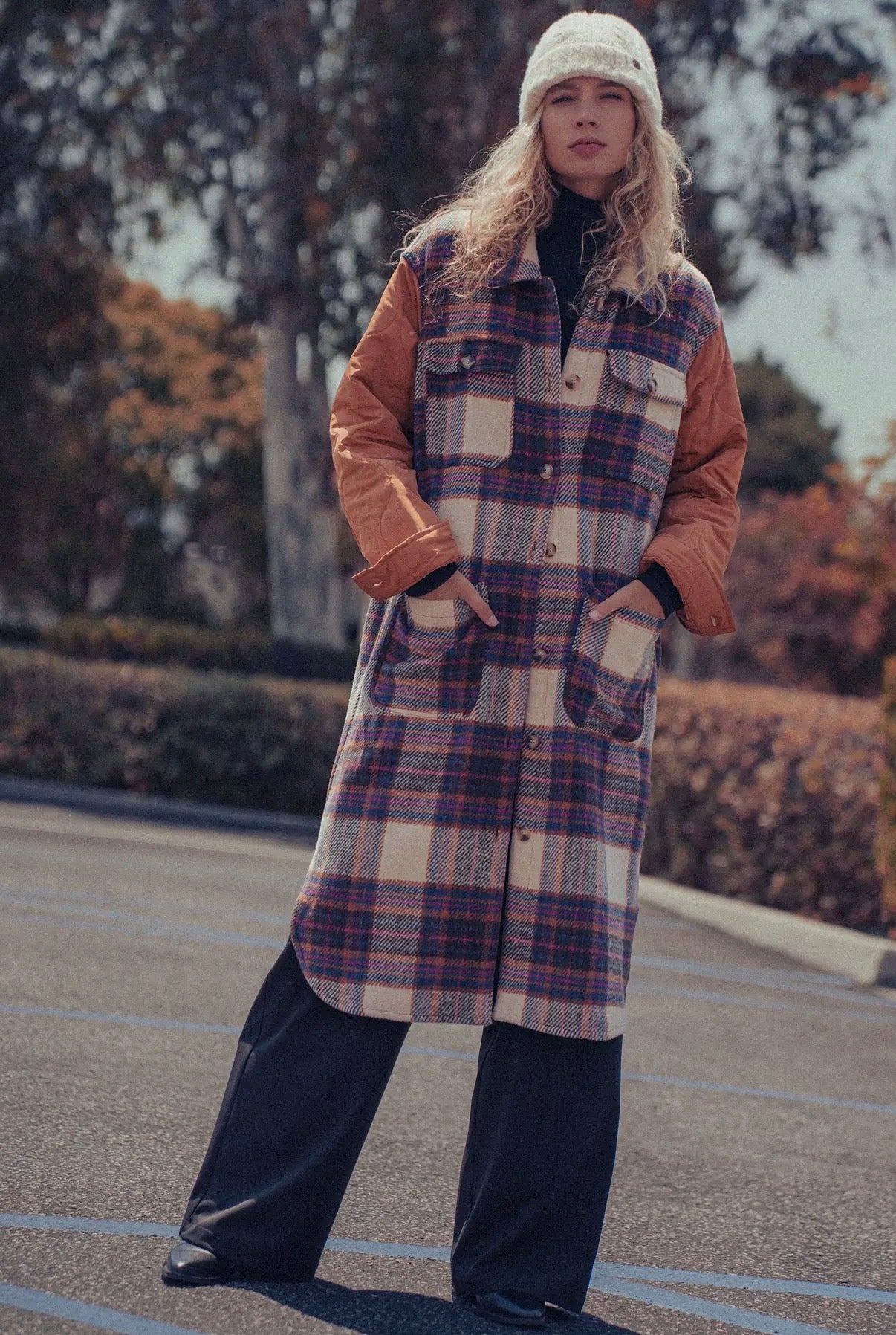 Plaid patchwork long coat