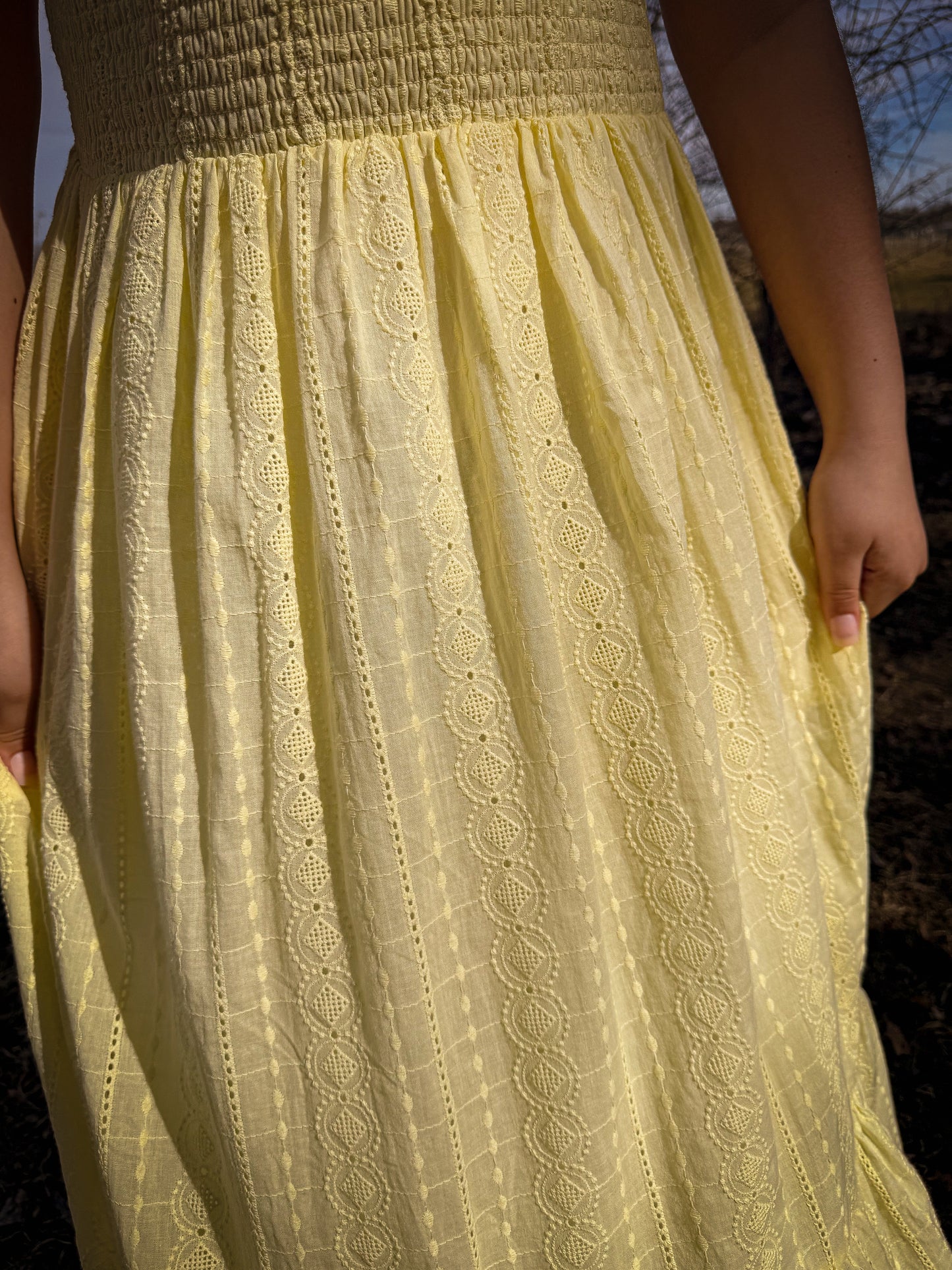 SMOCKED EYELET LACE MAXI DRESS