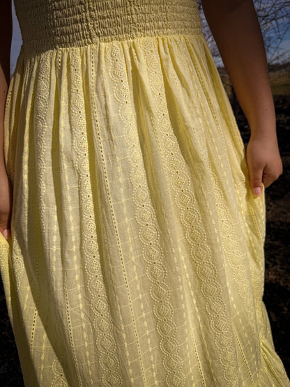 SMOCKED EYELET LACE MAXI DRESS