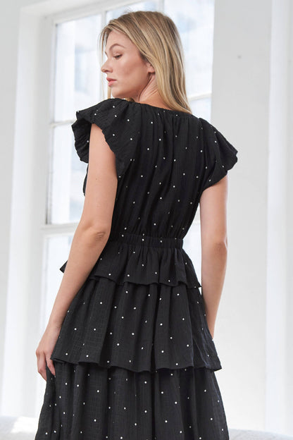 Black V-Neck Polka Dot Tiered Midi Dress