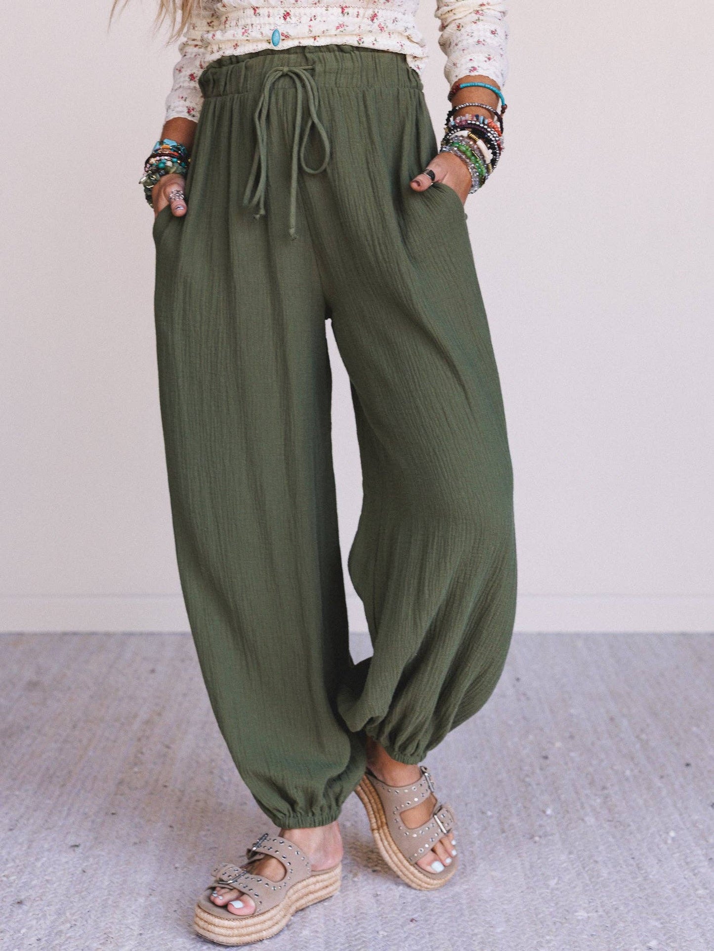 Celestia Wide Leg Cinched Pants - Olive