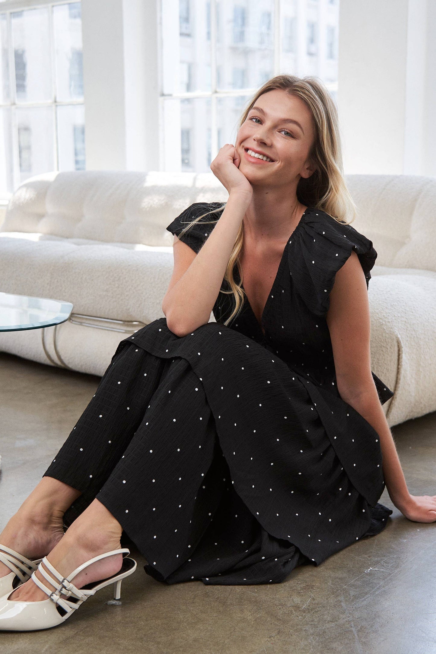 Black V-Neck Polka Dot Tiered Midi Dress