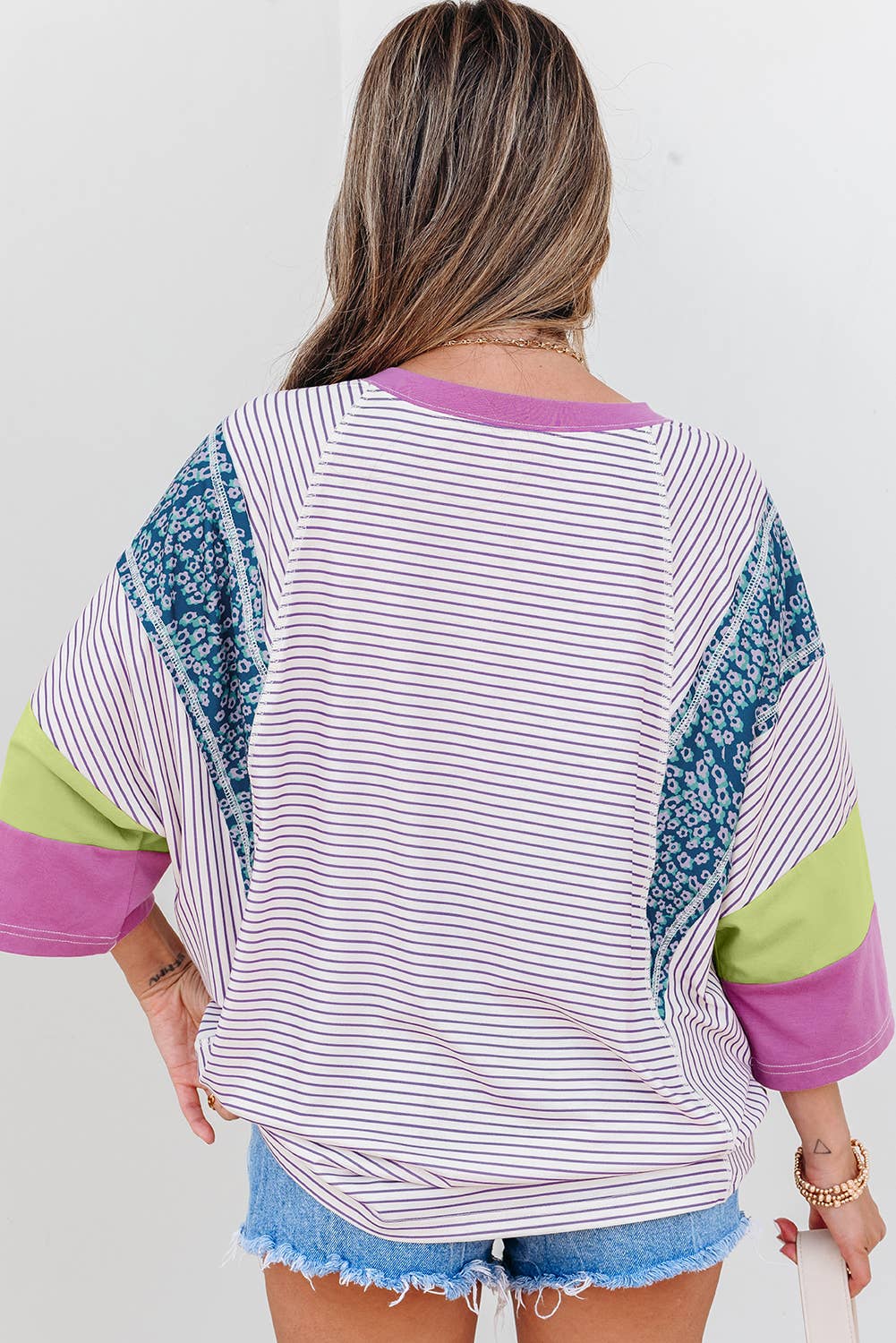 Stripe Floral Raw Edge Patchwork Bracelet Sleeve Tee