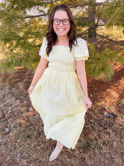 SMOCKED EYELET LACE MAXI DRESS