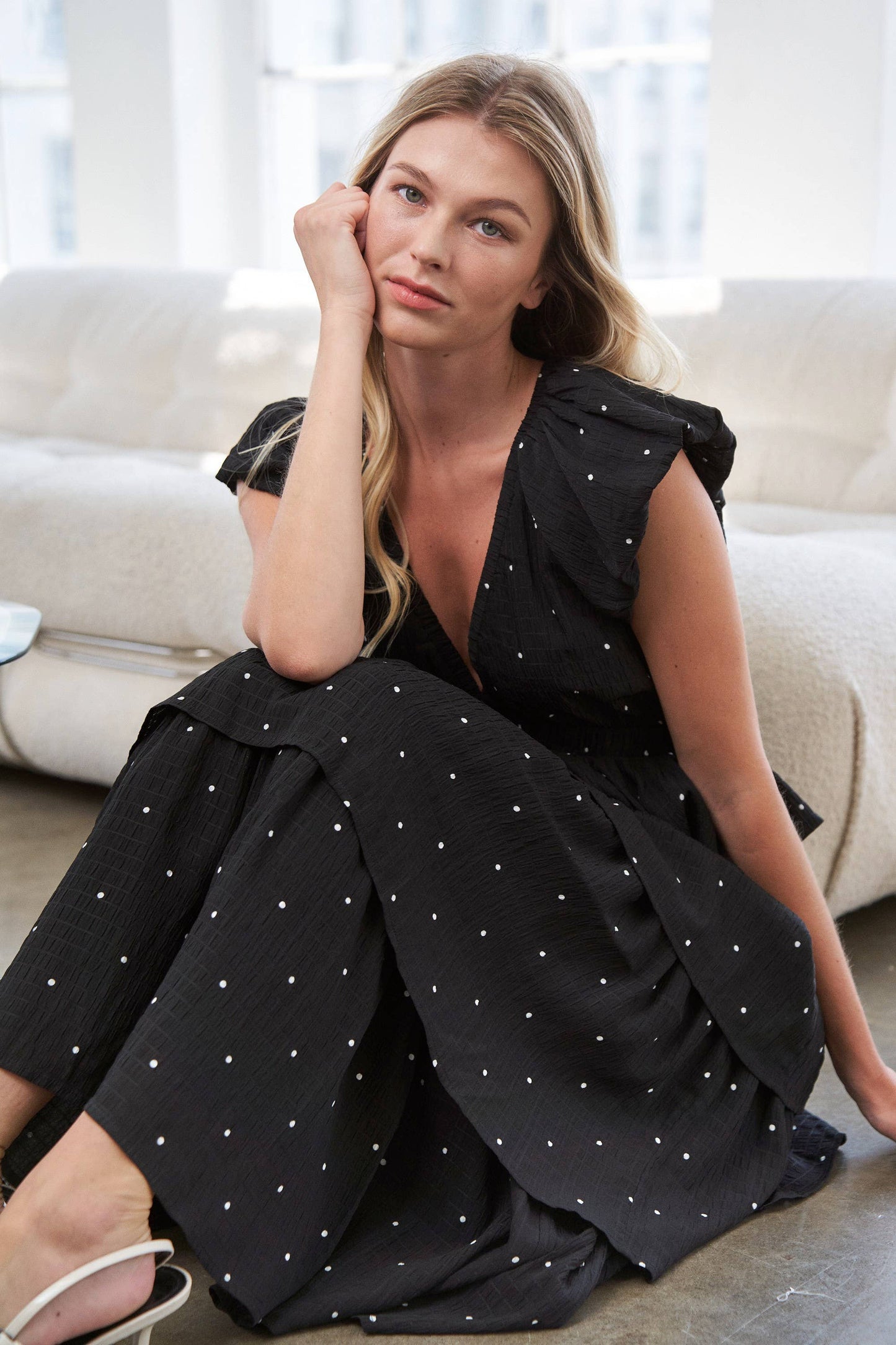 Black V-Neck Polka Dot Tiered Midi Dress