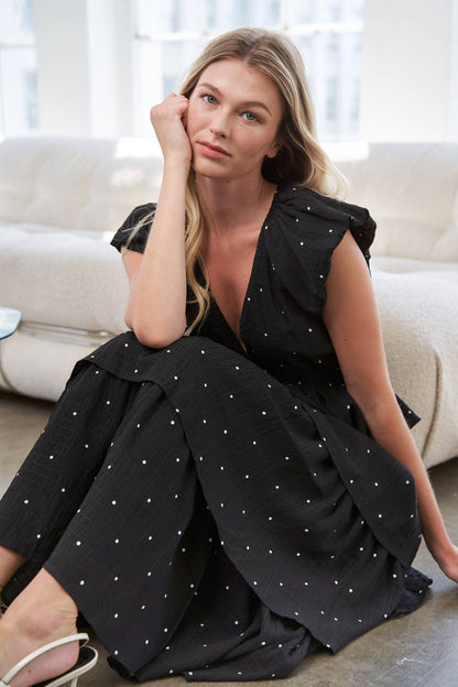 Black V-Neck Polka Dot Tiered Midi Dress