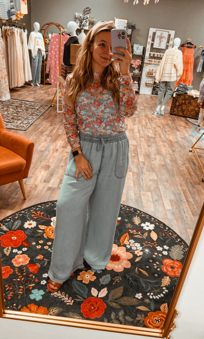 Denim wide leg synched waist pants
