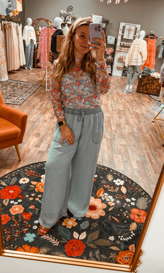 Denim wide leg synched waist pants