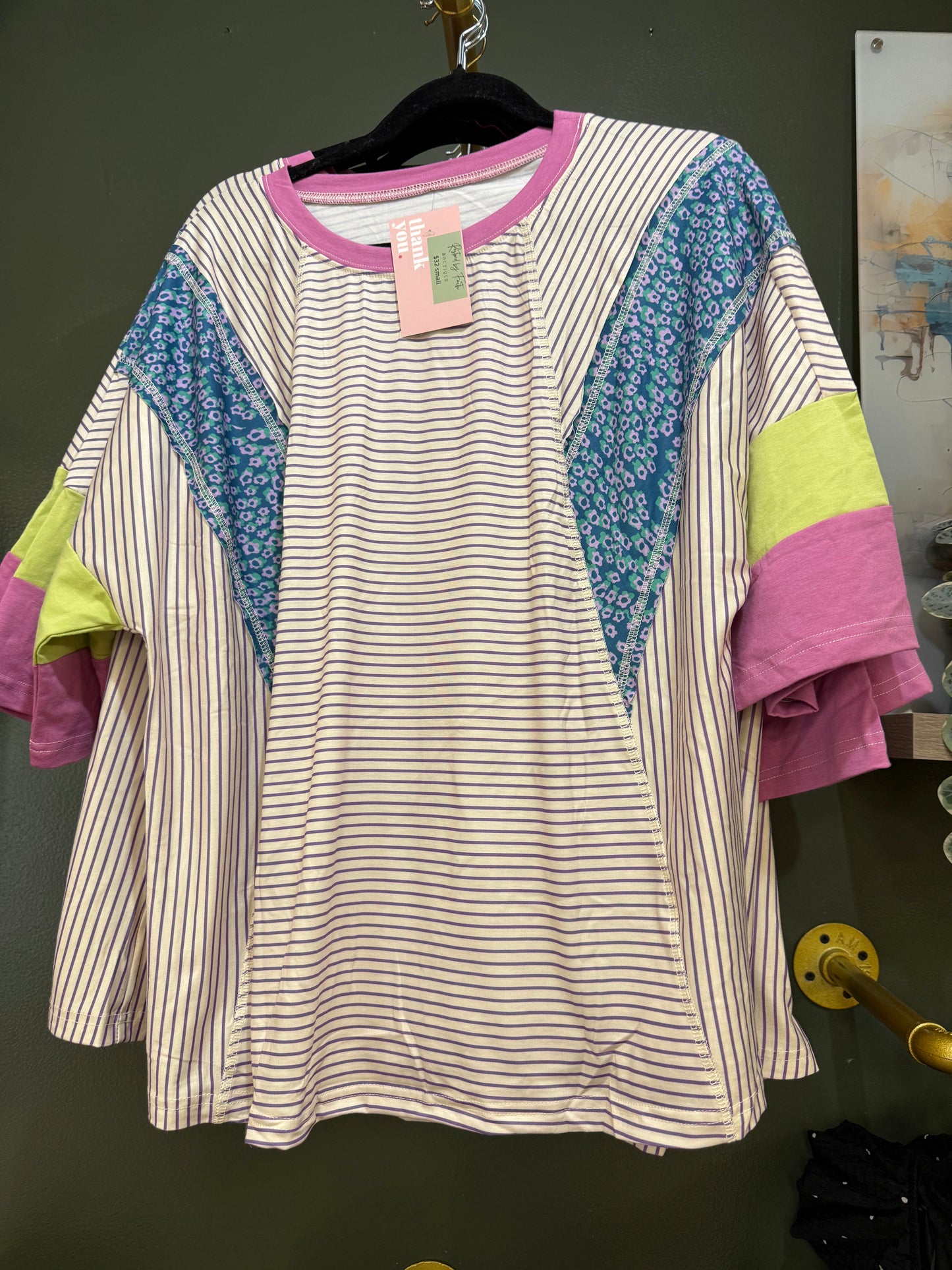 Stripe Floral Raw Edge Patchwork Bracelet Sleeve Tee