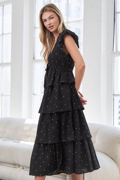 Black V-Neck Polka Dot Tiered Midi Dress