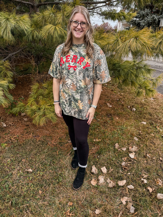 Merry Bow Holiday Christmas Camo Tee