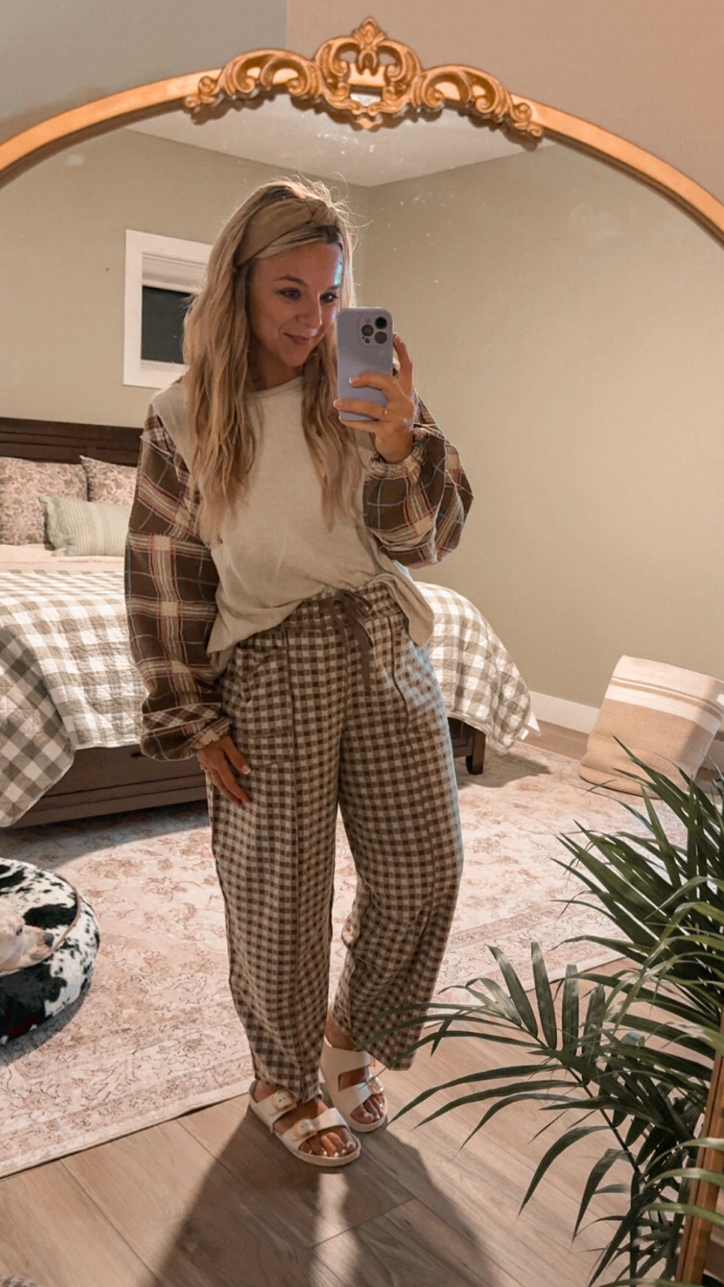 Plaid sleeve oatmeal top✨
