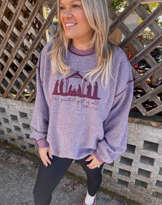Purple inside out Christmas crew neck