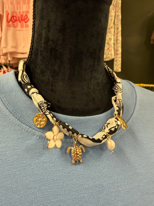 Black and white scarf charm necklace