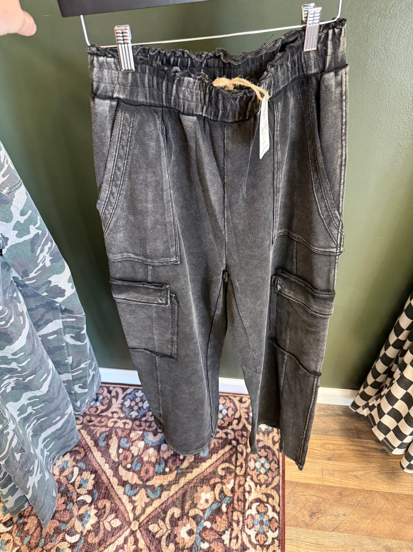 Black mineral wash cargo pants