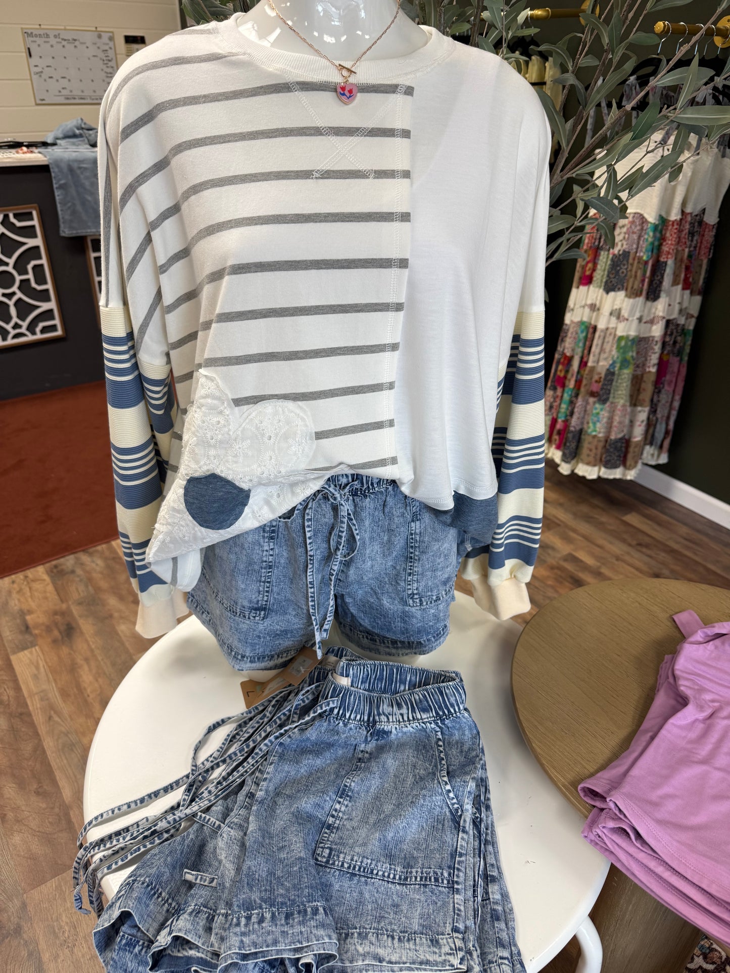 Long sleeve striped blue patchwork top