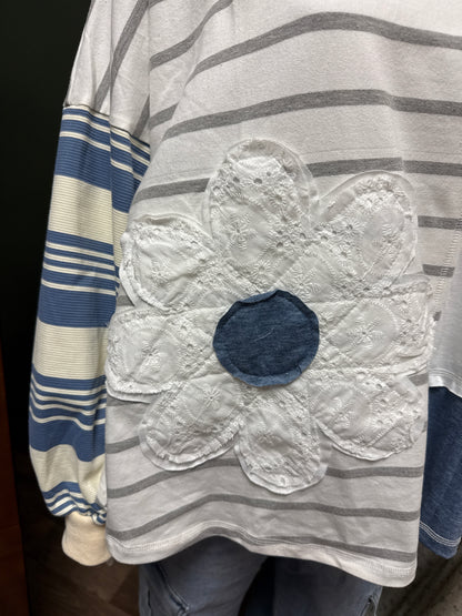 Long sleeve striped blue patchwork top