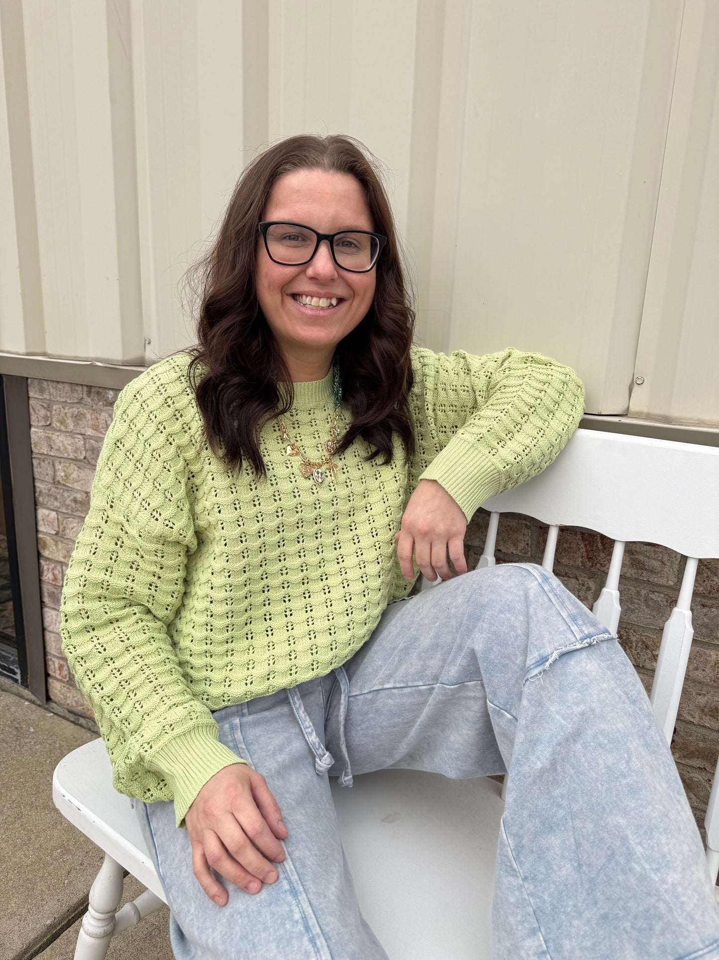Crew Neck Crochet Knit Sweater