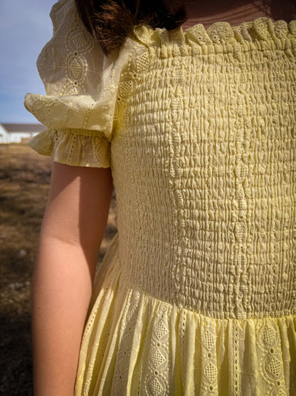SMOCKED EYELET LACE MAXI DRESS