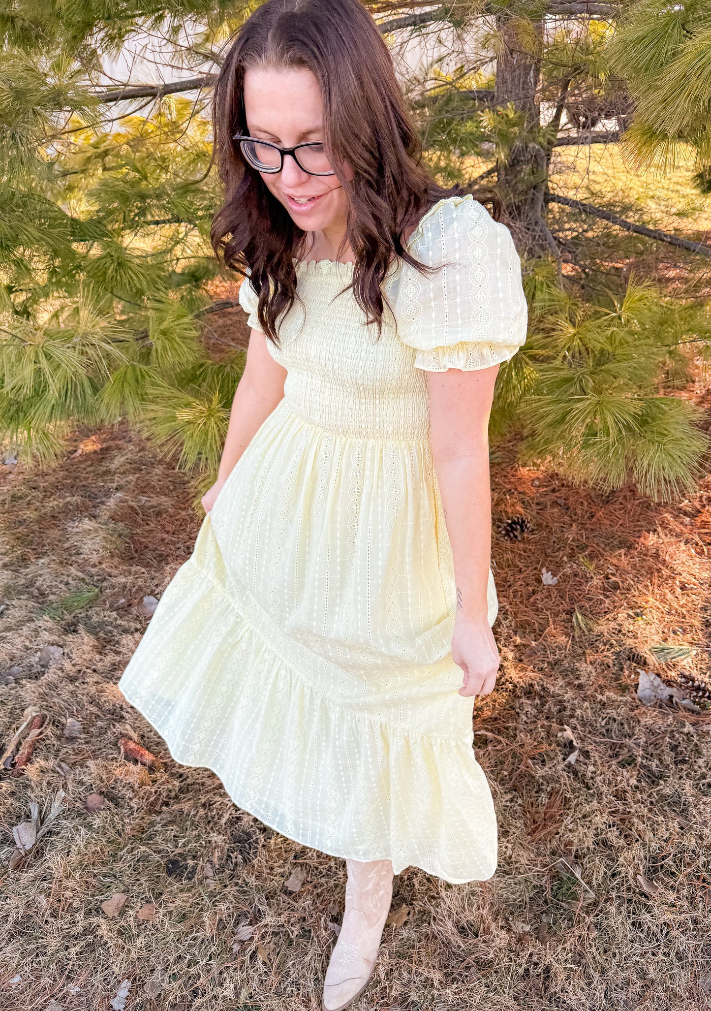 SMOCKED EYELET LACE MAXI DRESS