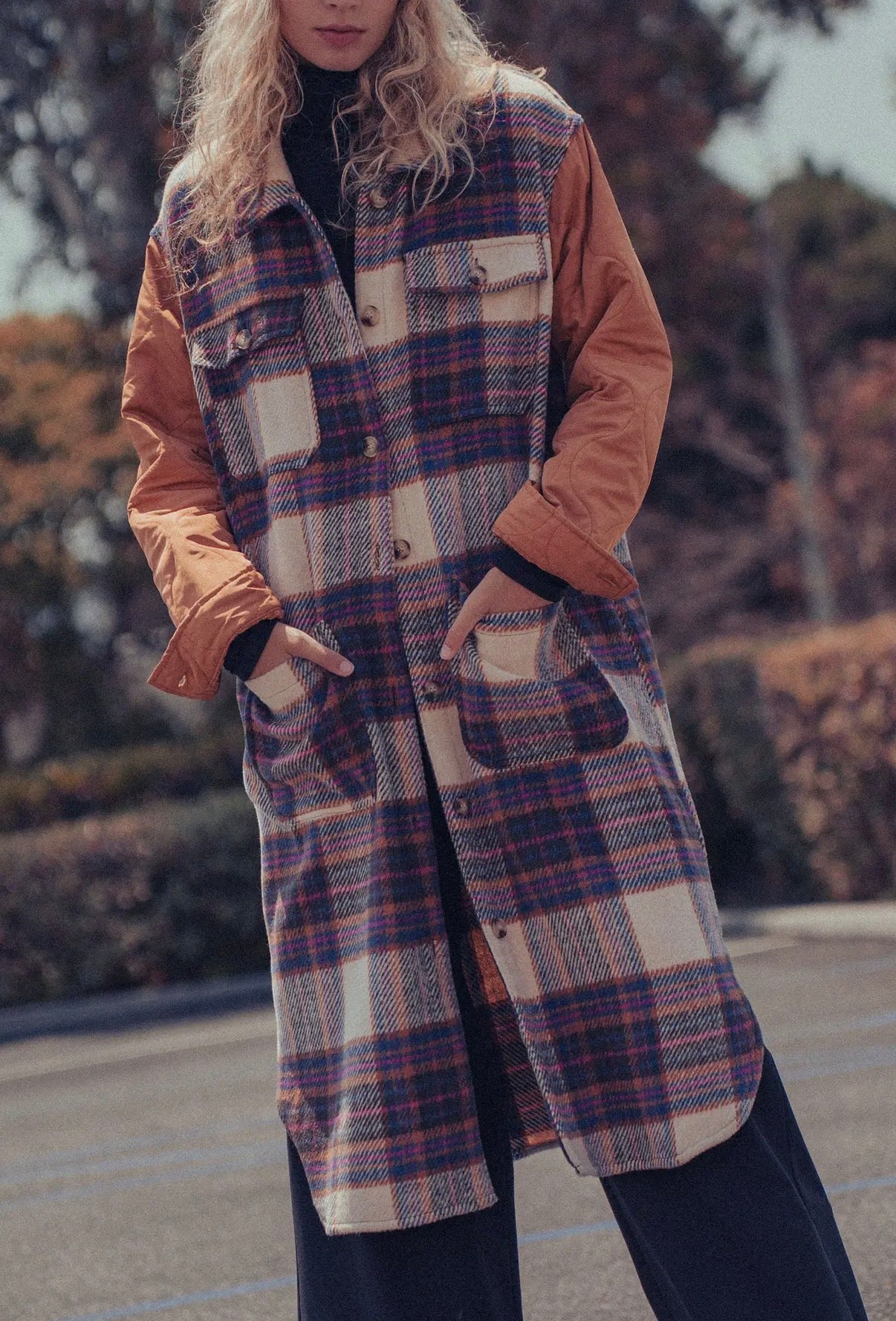 Plaid patchwork long coat