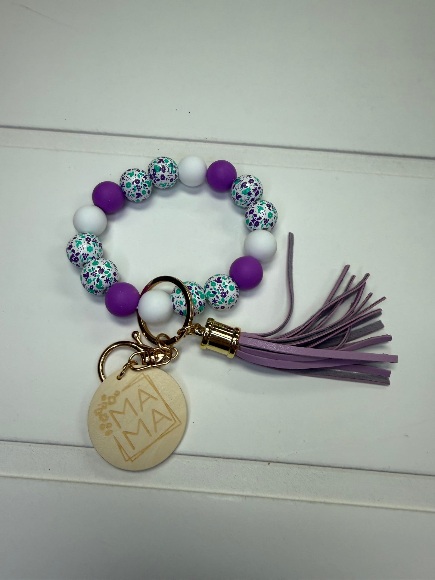 Purple Floral Wooden Bead Keychain