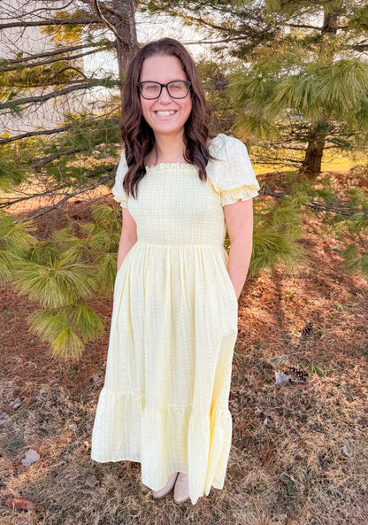 SMOCKED EYELET LACE MAXI DRESS
