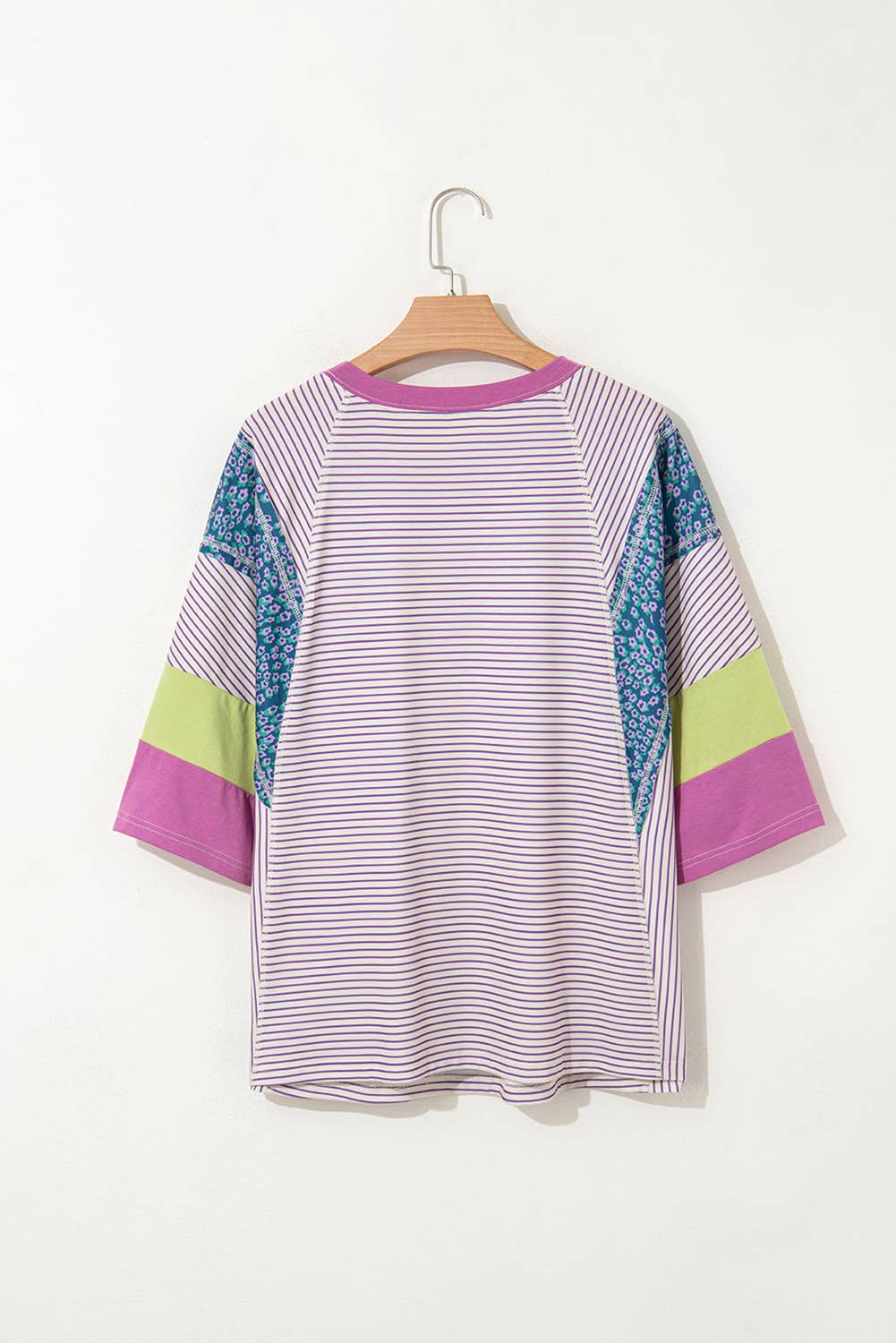 Stripe Floral Raw Edge Patchwork Bracelet Sleeve Tee