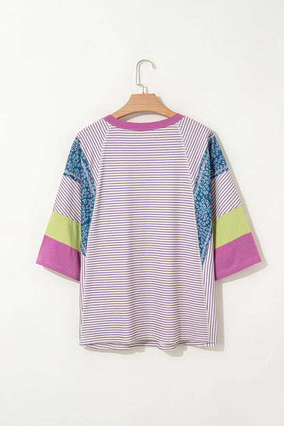 Stripe Floral Raw Edge Patchwork Bracelet Sleeve Tee