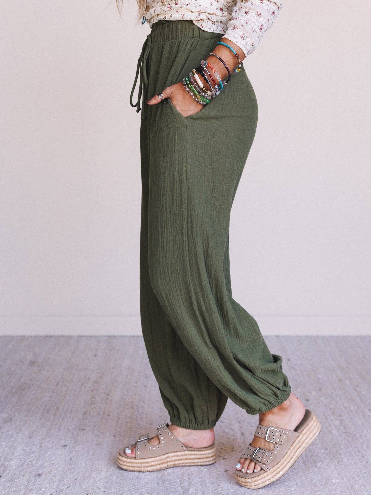 Celestia Wide Leg Cinched Pants - Olive